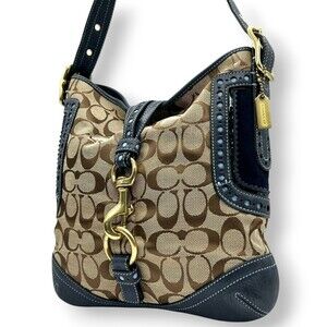 Coach Signature One-Shoulder Bag, Handbag, Canvas, Leather, Suede, Navy, Brow...
